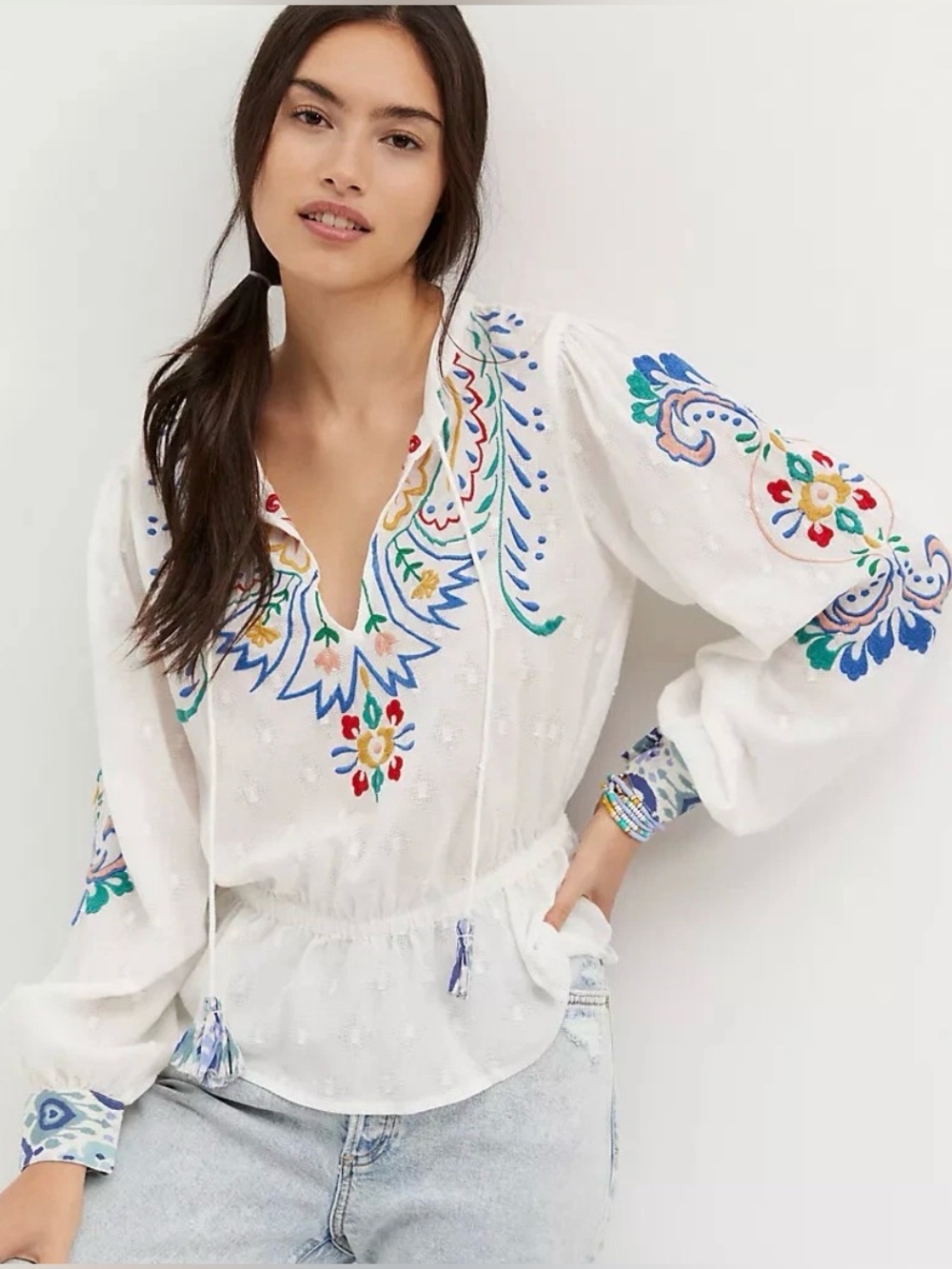 Forever That Girl Anthropologie Peplum Embroidered Blouse White Women's Medium